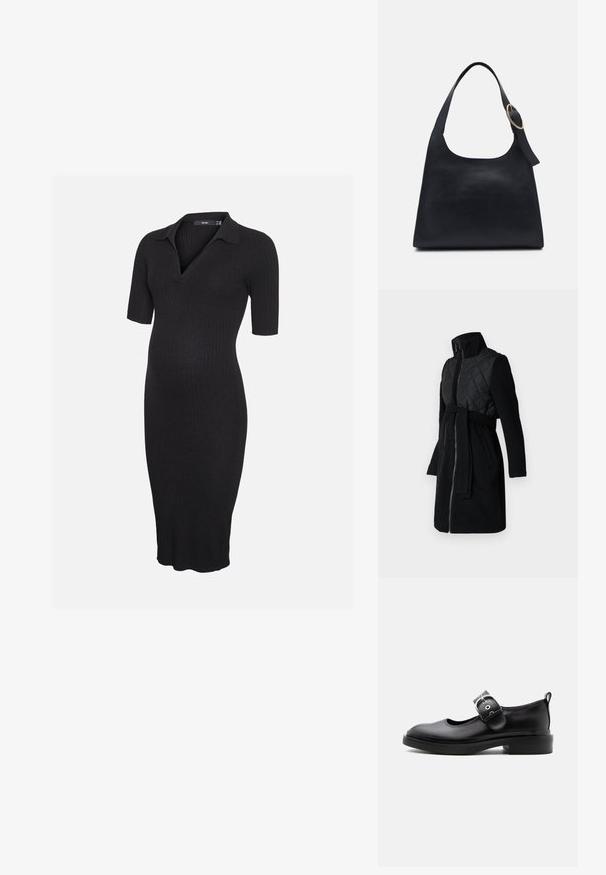 Manteau noir avec une partie supérieure matelassée, des manches longues, un col haut et une ceinture assortie, avec une finition lisse et texturée.; Robe de maternité en maille côtelée noire avec manches courtes et col, avec un col en V et un ourlet à hauteur du genou.; Chaussure Mary Jane en cuir noir avec une semelle épaisse, un bout arrondi, une bride à boucle argentée et un languette à l’arrière.; Sac en cuir noir avec une texture lisse, un corps arrondi et une seule anse, ornée d'un accent en métal doré rond.