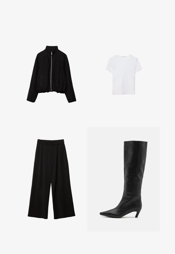 Veste courte noire en tissu doux, avec un col montant, une fermeture éclair à l'avant et deux poches latérales, ainsi que des poignets côtelés.; T-shirt blanc à manches courtes en tissu doux. Dispose d'un col rond et d'un design simple et épuré avec un ourlet droit.; Pantalon noir à jambes larges, taille haute, plis devant, passants pour ceinture et coupe décontractée.; RAID FLAURA - Bottes - black
