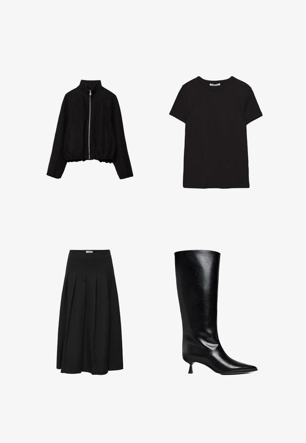 Veste courte noire en tissu doux, avec un col montant, une fermeture éclair à l'avant et deux poches latérales, ainsi que des poignets côtelés.; T-shirt noir en coton à manches courtes avec encolure ronde, coupe standard et étiquette intérieure visible au niveau du col.; Jupe midi plissée noire en tissu lisse. Elle présente une taille haute et une silhouette fluide avec des plissés soigneusement cousus.; Boot en cuir noir, montant jusqu'au genou, avec un bout pointu, une silhouette élancée et un talon carré bas, le tout avec une finition brillante.