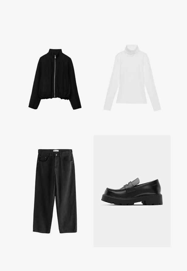Sort cropped jakke lavet af blødt stof, med høj krave, lynlås foran og to sidelommer med ribkanter.; Hvid langærmet turtle-neck top lavet af glat, strækbart stof. Har en høj krave og tætsiddende design, uden synlige mønstre eller udsmykninger.; Sorte denim bukser med brede ben og mellemhøj talje, der har to forlommer, en knappelukning og subtile syningsdetaljer.; Sorte læder loafers med en chunky tekstureret sål, der har en rem over vamps og en glat, poleret finish.