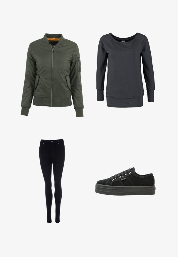 Chaqueta bomber verde con cremallera frontal, puños y dobladillo acanalados, dos bolsillos laterales y un bolsillo con cremallera en la manga. Forrada con tela naranja.; Sudadera negra de mangas largas con un escote amplio y puños de canalé. Confeccionada en material suave, con un corte ligeramente relajado y dobladillo recto.; Vaqueros pitillo negros de cintura alta con botón y cremallera delanteros, bolsillos delanteros y traseros, expuestos sobre un fondo blanco.; Zapatillas de lona negras con suela de goma negra gruesa, puntera redonda y detalles en encaje gris. Etiqueta de la marca situada en el lateral.