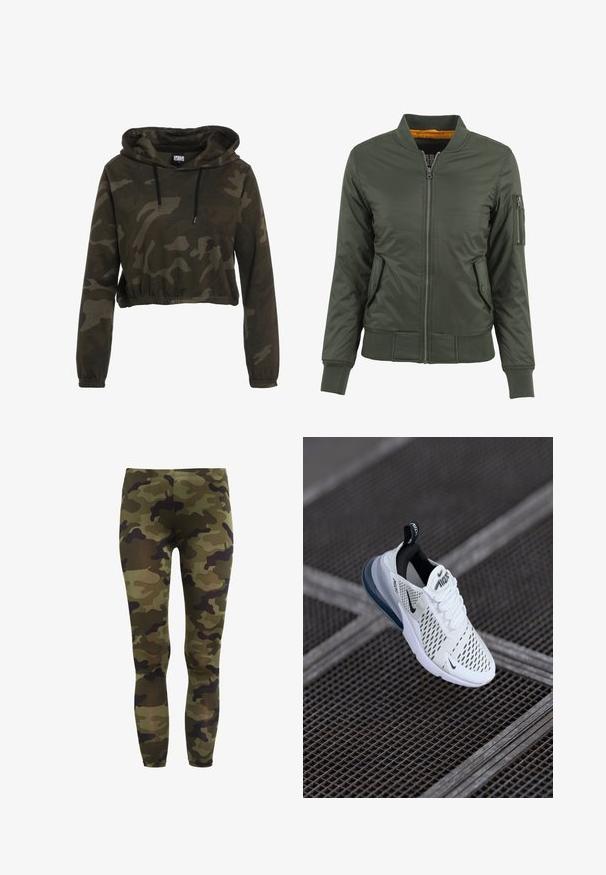 Zelená bomber bunda so zipsom vpredu, rebrovými manžetami a lemom, dvoma bočnými vreckami a vreckom na zips na rukáve. Podšitá oranžovou látkou.; Zkrátená mikina s kapucňou v tmavom camouflage, sťahovacia šnúrka na kapucni, dlhé rukávy a elastický lem. Vyrobená z mäkkej, textúrovanej tkaniny.; Legíny s maskáčovým vzorom, kombinujúcim zelené, hnedé a čierne odtiene. Vyrobené z elastickej tkaniny s hladkou textúrou a priliehavým strihom.; Biele atletické tenisky s hornou časťou z prepájaného materiálu, čiernymi akcentmi a viditeľným vzduchovým vankúšikom v podošve. Obsahujú šnurovací dizajn a pútko.