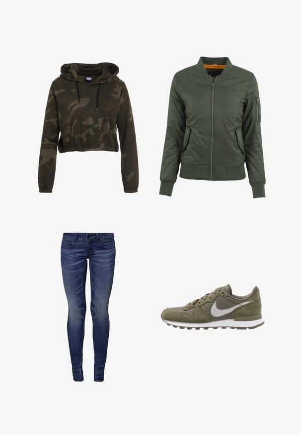 Zelená bomber bunda so zipsom vpredu, rebrovými manžetami a lemom, dvoma bočnými vreckami a vreckom na zips na rukáve. Podšitá oranžovou látkou.; Zkrátená mikina s kapucňou v tmavom camouflage, sťahovacia šnúrka na kapucni, dlhé rukávy a elastický lem. Vyrobená z mäkkej, textúrovanej tkaniny.; Úzke modré džínsy vyrobené z denimu. Obsahujú zips, predné vrecká a jemné zosvetlenie pozdĺž stehien. Hladká textúra.; Olive zelené tenisky so zvrškom z semišu a textilu, bielou medzistielkou a textúrovanou gumovou podrážkou. Obsahuje reflexné strieborné logo.