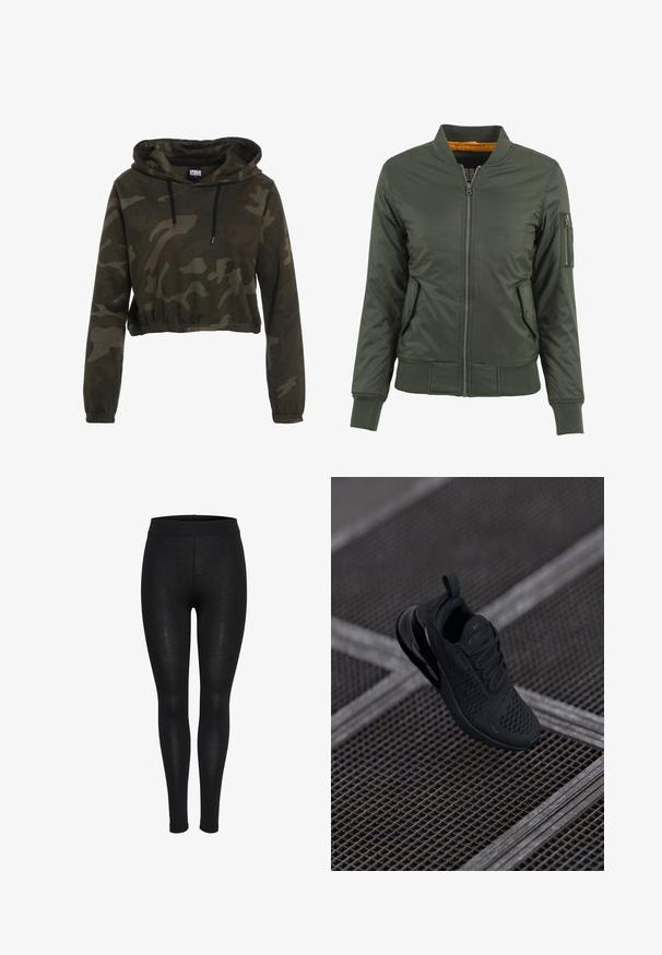 Zelená bomber bunda so zipsom vpredu, rebrovými manžetami a lemom, dvoma bočnými vreckami a vreckom na zips na rukáve. Podšitá oranžovou látkou.; Zkrátená mikina s kapucňou v tmavom camouflage, sťahovacia šnúrka na kapucni, dlhé rukávy a elastický lem. Vyrobená z mäkkej, textúrovanej tkaniny.; Čierne legíny s hladkým povrchom, elastickým pásom, dĺžkou po členky a bez viditeľných vzorov či kovových detailov.; Čierna športová teniska s sieťovaným zvrškom, polstrovaným golierom a gumovou podrážkou. Má výrazné originálne logo a textúrované detaily.