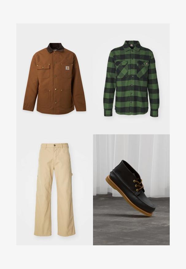 Veste de travail marron avec col foncé, quatre poches avant, boutons-pression en métal et un petit patch avec le logo de la marque sur la poche poitrine.; Chemise en flanelle à carreaux verts et noirs avec deux poches poitrine, fermeture à boutons, manches longues et col pointu. Texture douce.; Pantalons cargo larges beiges avec fermeture à bouton, dotés de poches latérales, fabriqués en coton robuste, avec une texture lisse et un design droit.; Chaussures en cuir noir avec une finition lisse, bout rond, lacets marron et semelles en caoutchouc marron clair. Logo embossé sur le côté.