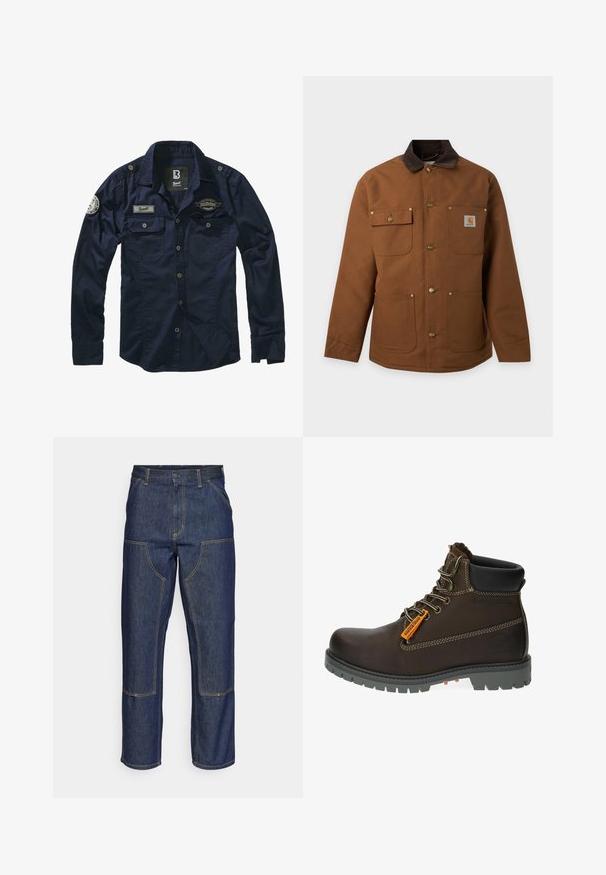 Brun arbejdssjaket med mørkråkrave, fire forlommer, metal trykknapper og et lille mærkelogo på brystlommen.; Mørkeblå skjorte med knapper, lange ærmer, to brystlommer og broderede patches på venstre skulder og bryst. Glat stofstruktur.; Mørkeblå denim jeans med høj talje, lige ben-design, kontrastsyninger og lappelommer foran.; Brun læder ankelstøvle med grå gummisål, orange accentmærke og metaløjer. Har kontraststikning og polstret krave.