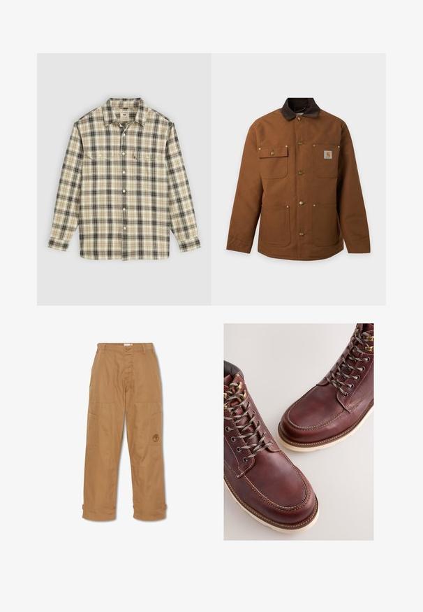 Bruine werkjas met een donkere kraag, vier voorzakken, metalen drukkers en een klein merklogo-patch op de borstzak.; Langarm geruite blouse in beige, zwart en bruin stof, met knoopsluiting, twee borstzakken en een klassiek kraagontwerp.; Khaki werkbroek, gemaakt van duurzaam materiaal, heeft meerdere zakken, een knoopsluiting en een geborduurd logo op de dij.; Bruine leren laarzen met een gladde afwerking, voorzien van metalen veteroogjes, grijze veters en een rubberen zool in crèmekleur. Stiksel detail langs de randen.