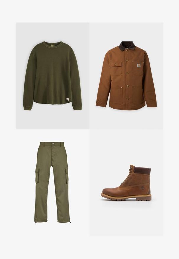 Veste de travail marron avec col foncé, quatre poches avant, boutons-pression en métal et un petit patch avec le logo de la marque sur la poche poitrine.; Pull à manches longues vert olive en matière texturée et côtelée, avec un col rond, une coupe décontractée et une petite étiquette de marque en bas de l'ourlet.; Pantalons cargo verts olive avec une coupe droite, deux poches latérales et des fermetures éclair au niveau des chevilles. Fabriqués à partir de tissu durable.; Botte de randonnée en cuir marron avec une finition lisse, cheville rembourrée, œillets en métal et semelle en caoutchouc dotée d'un motif de crampons robuste.