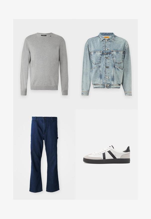Lyseblå denimjakke med krave, to frontlommer og knaplukninger. Har et let cropped design og synlige syninger.; Lys grå sweater med lange ærmer, rund halsudskæring, strikket tekstur og et simpel design med et lille logo over venstre skulder.; Blå denim jeans med lige ben, knaplukning og to sidelommer med en let falmet struktur.; Hvide sneakers med sorte og grå detaljer, med en tekstureret grå tåhætte, sort gummisål og flade hvide snørebånd. Rent design, minimalistisk stil.