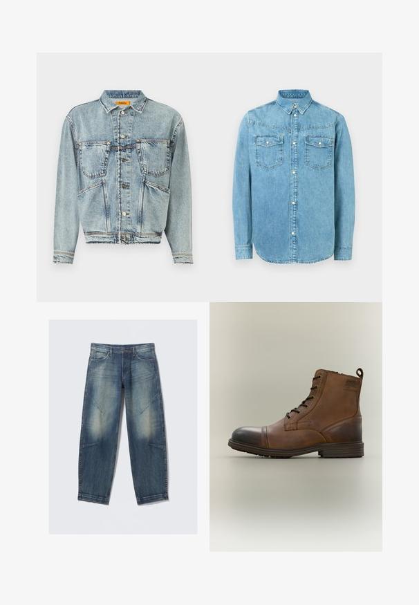 Lichtblauwe spijkerjas met een kraaghalslijn, twee voorkiezen en knoopsluitingen. Heeft een iets cropped ontwerp en zichtbare stiksels.; Lichtblauwe denim overhemd met een button-down kraag, twee borstzakken en zilveren knoopaccenten. Heeft lange mouwen en een ronde zoom.; Lichtblauwe denim jeans met een losse pasvorm, voorzien van vervaagde vlekken, voorzakken en diagonale naadtoevoegingen. Rechte pijp ontwerp.; Bruine leren enkellaars met veters, zwarte neuskap, ronde zool en merkdetail aan de zijkant tegen een effen achtergrond.