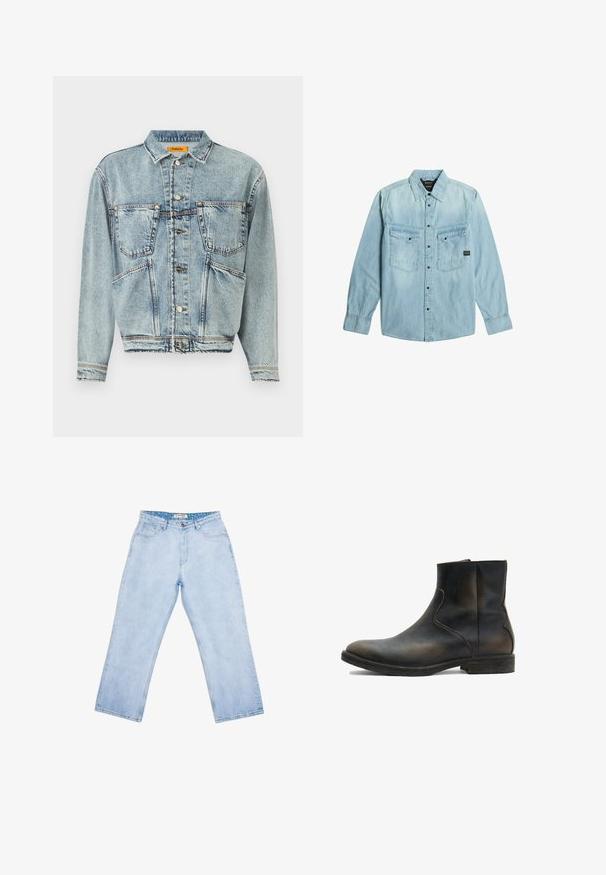 Lichtblauwe spijkerjas met een kraaghalslijn, twee voorkiezen en knoopsluitingen. Heeft een iets cropped ontwerp en zichtbare stiksels.; Lichtblauw denim overhemd met lange mouwen, knoopsluiting, twee frontzakken met klep en knopen, en een klassieke kraag.; Lichtblauwe high-waist jeans met rechte pijpen, voorzakken, riemlussen, knoopsluiting en een gebrand binnenlabel aan de tailleband.; AllSaints LANG - Lage laarzen - brown