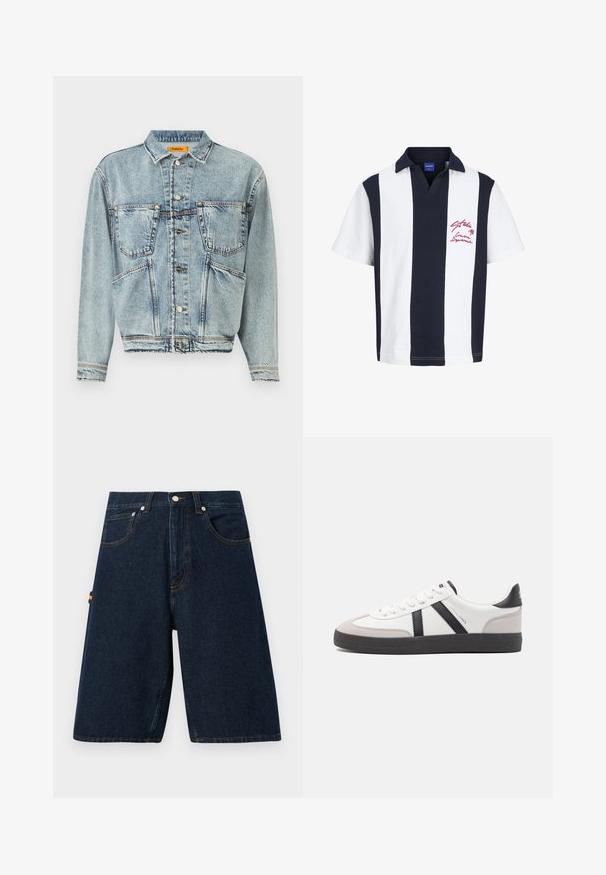 Veste en denim bleu clair avec un col, deux poches avant et des fermetures à boutons. Présente un design légèrement court et des coutures visibles.; Polo à manches courtes avec de larges rayures verticales bleu marine et blanches, col bleu marine, et broderie de texte rouge sur la poitrine gauche.; Shorts en denim foncé avec une coupe ample, design à cinq poches et coutures orange contrastantes. Présente une fermeture classique à bouton et à glissière.; Baskets blanches avec des accents noirs et gris, présentant un embout texturé gris, une semelle en caoutchouc noir et des lacets plats blancs. Design épuré, style minimaliste.
