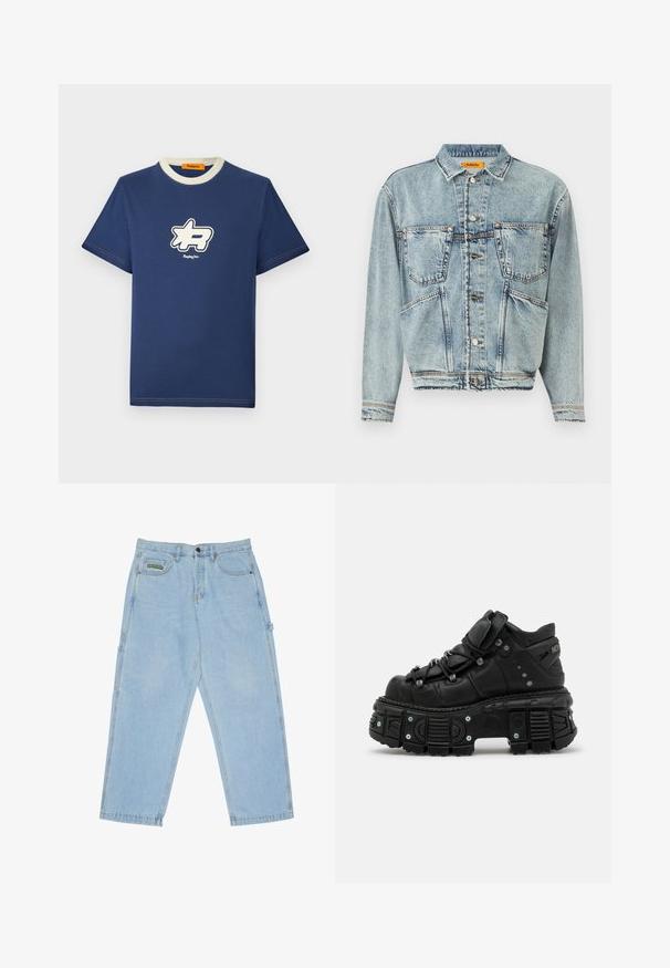 Hellblaue Jeansjacke mit Kragen, zwei vorderen Taschen und Knopfverschlüssen. Hat ein leicht verkürztes Design und sichtbare Nähte.; Marineblaue Baumwoll-T-Shirt mit einem kontrastierenden cremefarbenen Kragen, das ein großes weißes Logo-Design auf der Brust und den Markennamen darunter zeigt.; Hellblaue Carpenter-Jeans aus Denim mit lockerem Schnitt, fünf Taschen, Gürtelschlaufen und einem kleinen Markenlabel auf der vorderen rechten Tasche.; Schwarze Leder-Hochtop-Sneaker mit dicker Gummisohle, Schnürdesign, gepolstertem Knöchelbereich und Metallelementen. Verfügt über eine profilierte Außensohle für besseren Halt.