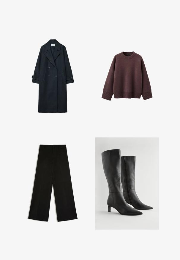 Mørk uld dobbeltknappet frakke med brede revers, to forlommer, knappede manchetter og ensartet tekstur.; Løs pasform sweater i mørk bordeaux, lavet af blødt strikket stof. Har en ribstrikket rund hals, vide ærmer og en ribstrikket kant.; Sorte bukser med vidde ben, bæltestropper, knaplukning foran og lynlås, lagt fladt på hvid baggrund.; Sorte læderstøvler, der går op til knæet, har en spids tå, en lav blokhæl og en lynlås i siden. Overfladen har en glat tekstur med minimalt detaljer.
