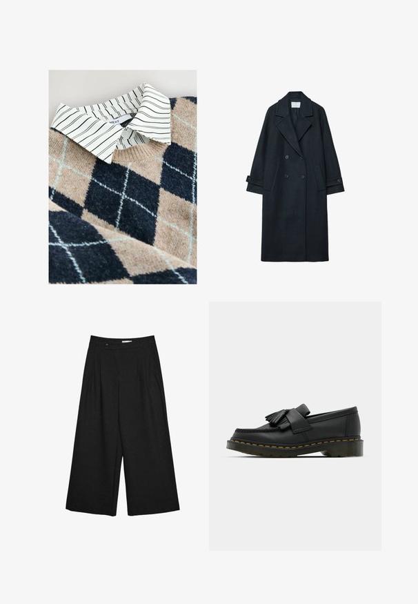 Manteau croisé en laine sombre avec un large revers, deux poches avant, poignets boutonnés, et une texture unie.; Pull en tricot avec un motif argyle beige et marine, accompagné d'une chemise coll classique à rayures blanches en dessous et d'un matériau texturé et doux.; Pantalon noir à jambes larges et cropped, avec plis sur le devant, passants pour ceinture et fermeture par bouton à la taille.; Mocassins en cuir noir avec un bout rond, présentant un détail à franges et une bande décorative à l'avant, montés sur un talon épais.