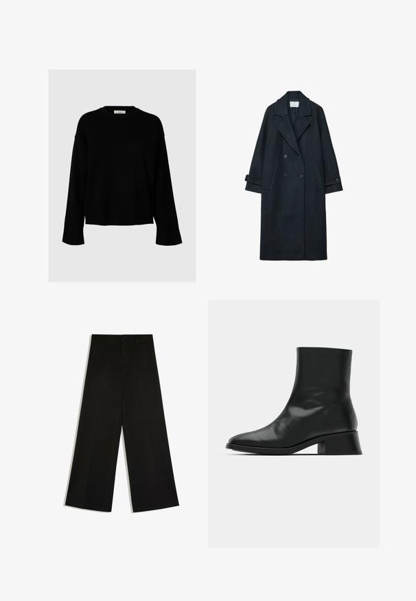 Manteau croisé en laine sombre avec un large revers, deux poches avant, poignets boutonnés, et une texture unie.; Un pull noir avec une coupe ample, des manches longues, un col rond et des poignets côtelés, fabriqué en tissu doux et texturé.; Pantalon noir à jambes larges avec passants de ceinture, fermeture devant par bouton et zip, posé à plat sur fond blanc.; Bottine noire en cuir brillant, au design épuré, avec un bout pointu et un petit talon bloc pour plus de stabilité.