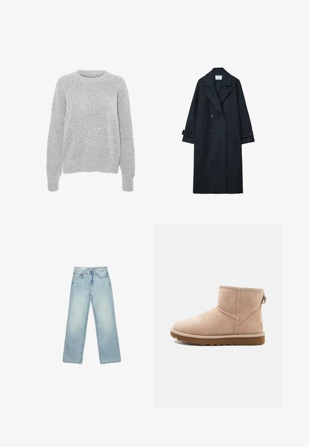 Manteau croisé en laine sombre avec un large revers, deux poches avant, poignets boutonnés, et une texture unie.; Pull en maille gris avec des manches longues, un col rond, des bords-côtes aux poignets et à l'ourlet, présentant une texture douce et une coupe décontractée.; Jean taille haute bleu clair à jambes larges, légèrement usé sur les poches avant et les cuisses, fermeture par boutons et design cinq poches.; Bottine en daim beige à bout arrondi, avec des accents cousus et une semelle en caoutchouc brun texturé. Elle se distingue par une languette à l'arrière.