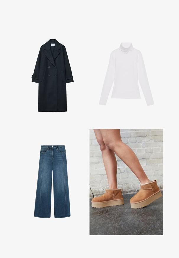 Dunkler doppelt geknöpfter Wollmantel mit weitem Revers, zwei Vordertaschen, geknöpften Manschetten und einfarbiger Textur.; Weißes Langarm-Turtleneck-Oberteil aus glattem, elastischem Stoff. Mit hohem Kragen und tailliertem Schnitt, ohne sichtbare Muster oder Verzierungen.; Weite Jeans in dunkelblauem Denim mit kontrastierendem weißen Stich, Fünf-Taschen-Design und Knopfverschluss an der Taille.; Braune Wildleder-Stiefeletten mit einem weichen Futter, dicker beige Plateau-Sohle und einer Zuglasche auf der Rückseite. Strukturiert Oberfläche mit sichtbaren Nähdetails.