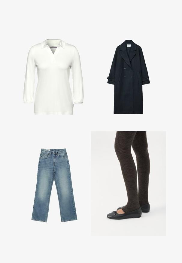 Manteau croisé en laine sombre avec un large revers, deux poches avant, poignets boutonnés, et une texture unie.; Polo-shirt blanc à manches longues en tissu doux, avec un col en V et une patte de boutonnage. Poignets élastiques et étiquette sur le côté.; Jean en denim bleu clair avec taille haute, jambes droites et larges, fermeture avant par boutons, fermeture éclair et design cinq poches.; Jambes portant des leggings côtelés foncés associés à des ballerines noires avec de petits détails en nœud sur fond blanc.