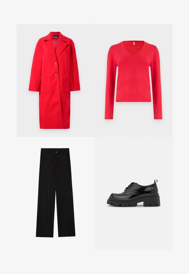 Manteau en mélange de laine rouge avec col cranté, fermeture à un bouton, deux poches avant et manches à longueur de coude. Texture lisse et silhouette droite.; Pull rouge à manches longues, avec un col en V, fabriqué dans un matériau doux, avec une silhouette ajustée et des détails de bord-côte à l'ourlet.; Pantalons noirs à jambes larges en tissu lisse, avec poches avant et fermeture à bouton à la taille. Design minimaliste sans motifs.; Chaussures en cuir patiné noir avec une semelle épaisse et chunky, dotées de lacets épais. Embout arrondi, détails minimaux et un petit tirant à l'arrière.