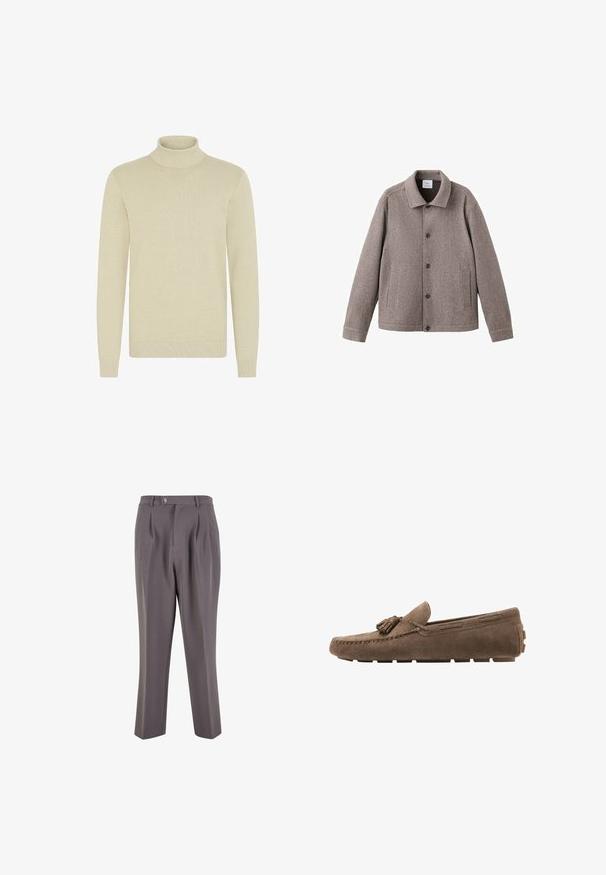 Brun uldblandet jakke med slå-om knapper foran, nedfoldet krave og sidelommer med tekstureret stof finish.; Lys beige turtleneck sweater med et struktureret strikmønster, lange ærmer og ribbede manchetter og kant. Blødt, hyggeligt stof.; Grå plisserede bukser lavet af glat stof, med lige ben-design, en enkelt knaplukning og skrå sidelommer.; Brun ruskindslipper med kvastdetalje på toppen og gummigrebssål, set fra siden på hvid baggrund.