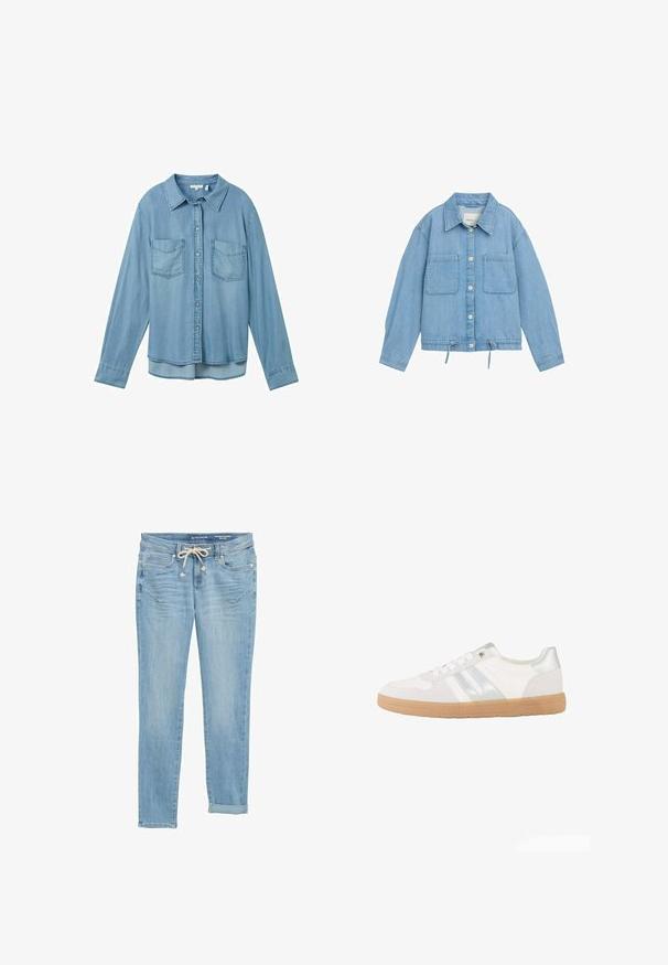 Lys blå denimjakke med knaplukning, to brystlommer, justerbar snor i kanten og lange ærmer med manchetter.; Lysblå denimskjorte med lange ærmer, knaplukning og to forlommer. Har en klassisk krave og en let buet kant.; Lys blå denim jeans med lige pasform, elastisk snøre i taljen, opretstående nederste kant og forlommer. Designet med diskret slid.; Hvid lavtop sneaker med sølvstriber, hvide snørebånd og en lys brun gummisål, vist fra siden på en hvid baggrund.