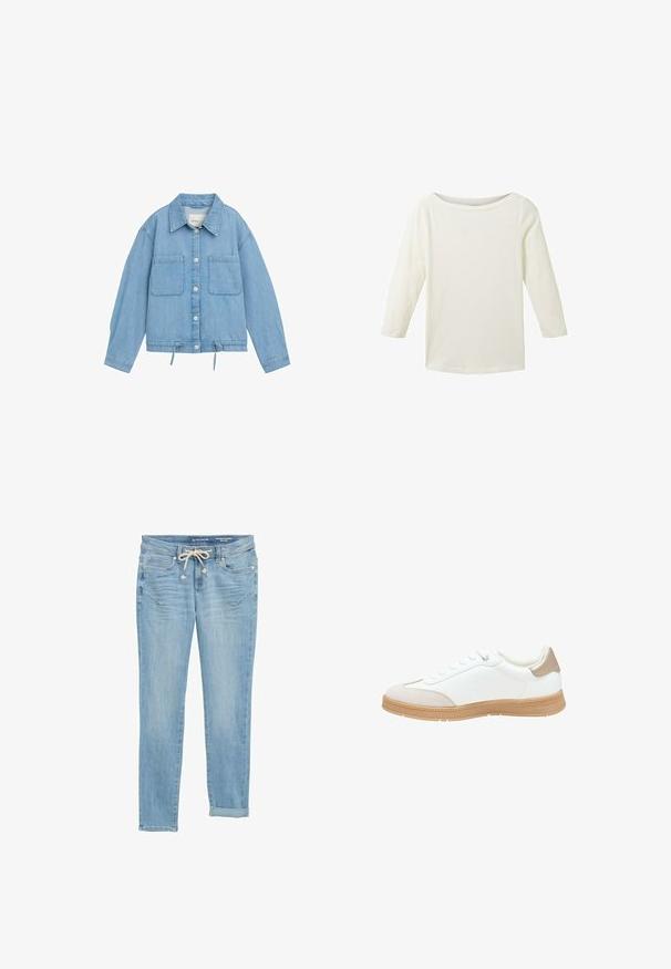 Veste en jean bleu clair avec un devant boutonné, deux poches poitrine, un ourlet ajustable avec cordon de serrage, et des manches longues avec détail de poignet.; Haut blanc à manches trois quarts en tissu texturé avec un col bateau. A un fit ample et des côtes subtiles sur toute sa surface.; Jeans en denim bleu clair à coupe droite, avec une taille élastique à cordon de serrage, des ourlets roulés et des poches avant. Conçus avec un léger décoloration.; Baskets blanches avec un dessus en cuir lisse, un capuchon en suède beige et une semelle en caoutchouc texturé tan. Dispose de cinq œillets pour les lacets et d'un talon rembourré.