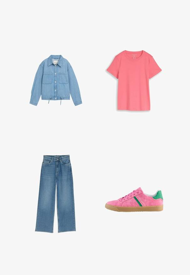 Leren spijkerjack in lichtblauw met knoopsluiting aan de voorkant, twee borstzakken, verstelbare trekkoord onderrand en lange mouwen met manchetdetails.; Korte mouw, ronde hals, effen roze katoenen T-shirt, maat M, plat weergegeven op een witte achtergrond.; Lichtblauwe wijde denimmuts met een hoge taille, vijf zakken en zichtbare stiksels; de stof heeft een licht gestructureerde afwerking.; Roze suède sneakers met groene hielaccent en strepen. Heeft een ronde neus, vetersluiting aan de voorkant en een gumrubberen zool. Geperforeerde details aan de zijkanten.