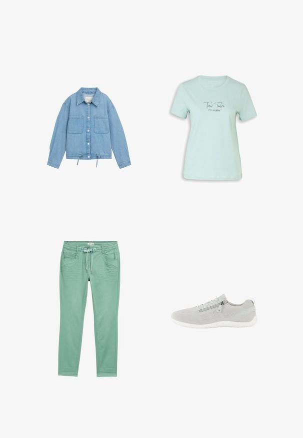 Lys blå denimjakke med knaplukning, to brystlommer, justerbar snor i kanten og lange ærmer med manchetter.; Lyseblå kortærmet skjorte med rund halsudskæring, med teksten "Tom Tailor" og "love is everything" samt et lille lyserødt hjerte på brystet.; Mintgrønne bukser lavet af blødt stof, med snørelukning i taljen, to frontlommer og diskrete stikninger langs sidesømmene.; Lysegrå mesh-sneaker med sidelås, snørelukning, hvid sål og trækstrop ved hælen, vist i venstre profil.