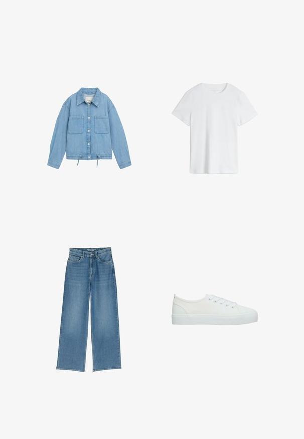 Chaqueta de denim en azul claro con cierre de botones, dos bolsillos en el pecho, dobladillo ajustable con cordón y mangas largas con detalle de puños.; Camiseta blanca lisa de manga corta con cuello redondo y un ajuste normal sobre un fondo blanco.; Jeans de mezclilla de pierna ancha en azul claro con una cintura alta, cinco bolsillos y costuras visibles; la tela tiene un acabado ligeramente texturizado.; Zapatilla baja blanca de lona con cordones blancos, suela de goma gruesa y puntera texturizada, mostrada de lado sobre un fondo blanco.