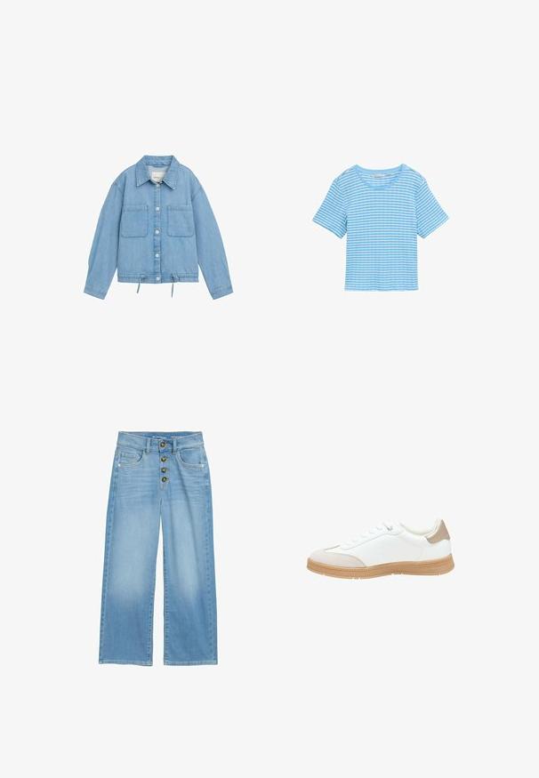 Jeansjacke in Hellblau mit Knopfleiste, zwei Brusttaschen, verstellbarem Kordelzug am Saum und langen Ärmeln mit Bündchendetails.; Hellblaues Hemd mit horizontalen weißen Streifen, kurzen Ärmeln, rundem Hals und lockerer Passform. Hergestellt aus einem weichen Baumwollmaterial.; Helle blaue Hochbund-Jeans im weit geschnittenen Stil aus Denim, mit einer fünfknöpfigen Verschlussleiste und zwei vorderen Taschen. Vielseitige, glatte Textur.; Weiße Sneaker mit einem glatten Lederobermaterial, einem beigefarbenen Suede-Zehenkappen und einer strukturierten braunen Gummisohle. Verfügt über fünf Ösen für die Schnürsenkel und eine gepolsterte Ferse.