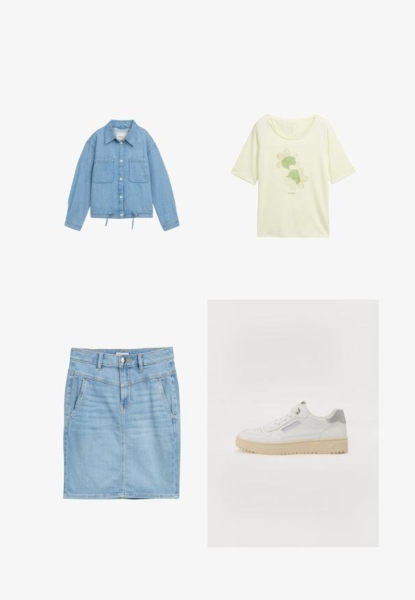 Leren spijkerjack in lichtblauw met knoopsluiting aan de voorkant, twee borstzakken, verstelbare trekkoord onderrand en lange mouwen met manchetdetails.; Lichtgele T-shirt van zacht fabric, met een groene bloemendesign met omtrekken, ronde halslijn en korte mouwen.; Lichtblauwe denimrok met een recht ontwerp, voorkruiszakken, zichtbare stiksels en een knoopsluiting. Zachte textuur en klassieke snit.; Heren witte sneakers met een gladde textuur, grijze accenten, ronde neus en een beige rubberen zool. Bevat een zijlabel en geperforeerde details.