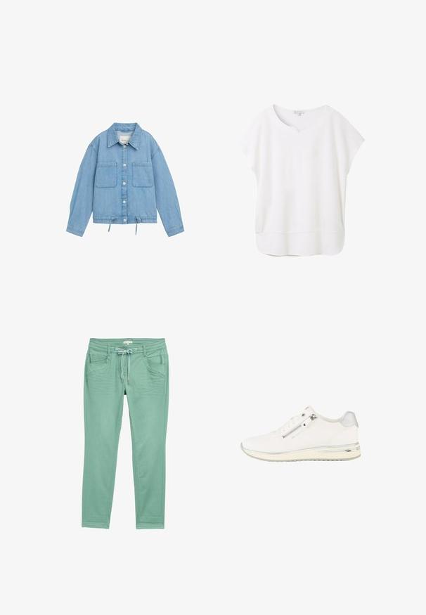 Chaqueta de denim en azul claro con cierre de botones, dos bolsillos en el pecho, dobladillo ajustable con cordón y mangas largas con detalle de puños.; Blusa blanca de manga corta hecha de una tela suave. Presenta un escote redondeado con una pequeña hendidura y un dobladillo ligeramente curvado para un ajuste relajado.; Pantalones verde menta confeccionados en tejido suave, con cintura ajustable mediante cordón, dos bolsillos frontales y detalles de costura sutiles a lo largo de las costuras laterales.; Zapatilla blanca de corte bajo con cremallera lateral, cordones delanteros, tejido texturizado y detalle plateado en el talón y la suela.