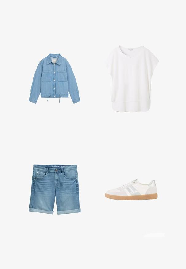 Leren spijkerjack in lichtblauw met knoopsluiting aan de voorkant, twee borstzakken, verstelbare trekkoord onderrand en lange mouwen met manchetdetails.; Witte blouse met korte mouwen, gemaakt van zachte stof. Heeft een ronde halslijn met een kleine uitsparing en een licht gebogen zoom voor een ontspannen pasvorm.; Leren denim shorts in lichtblauw met een vervaagde afwerking, met opgerolde pijpen, een vijf-pocket ontwerp en een metalen knoopsluiting bij de taille.; Witte lage sneaker met zilveren strepen, witte veters en een lichtbruine rubberen zool, zijaanzicht op een witte achtergrond.