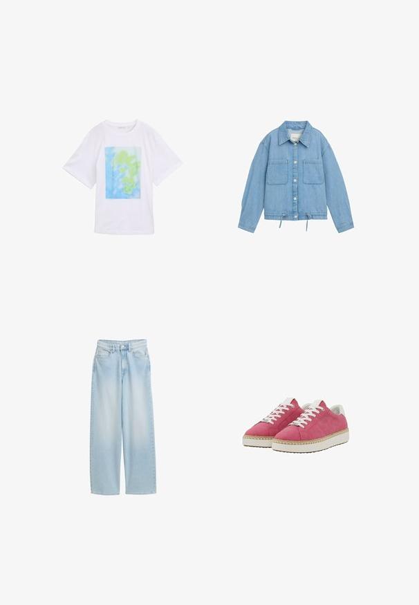 Leren spijkerjack in lichtblauw met knoopsluiting aan de voorkant, twee borstzakken, verstelbare trekkoord onderrand en lange mouwen met manchetdetails.; Witte katoenen t-shirt met een rechthoekige grafische print in blauwe en groene abstracte patronen aan de voorkant. Korte mouwen en ronde hals.; Lichtblauwe wijde spijkerbroek met hoge taille, knopen aan de voorkant, ritssluiting en vijf zakken.; Roze suède sneakers met witte veters en een witte bovenrand. De zool is dik met een geweven accent rondom de basis, met een gestructureerde afwerking.