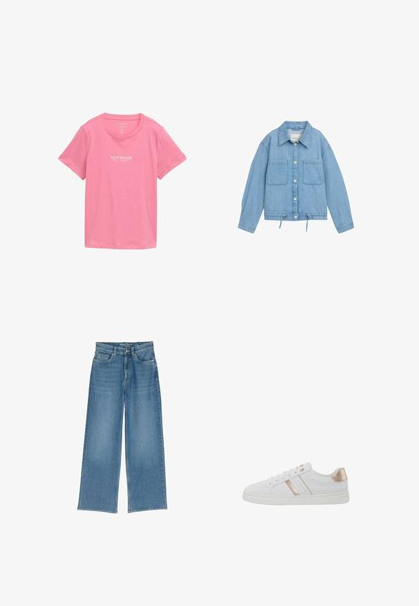 Lys blå denimjakke med knaplukning, to brystlommer, justerbar snor i kanten og lange ærmer med manchetter.; Lyserød T-shirt med korte ærmer lavet af blødt stof. Har rund halsudskæring og en hvid mærkelogo trykt på forsiden.; Lyseblå jeans med bred benvidde og høj talje, fem lommer og synlig syning; stoffet har en let struktureret overflade.; Hvide sneakers med et lavt design, glat læderlignende materiale, metallic rosa guld detaljer og en tekstureret gummisål.