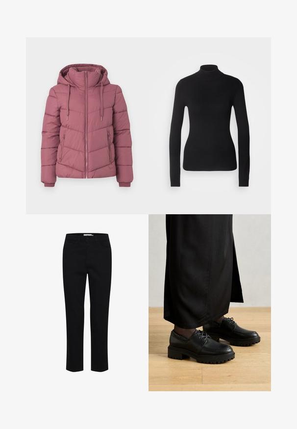 Lilla polstret jakke med hætte, lynlås foran, lynlåslommer i siden og snore, designet til koldt vejr.; Sort turtleneck sweater lavet af let strikket stof. Har lange ærmer, et tætsiddende design og en blød ribbet tekstur.; Sorte bomuldsbukser designet med lige pasform. Har fem lommer og en frontknaplukning. Glat tekstur, minimale syninger.; Sorte lædersko med rund tå, tyk gummisål og snørebånd. Designet har dekorativ syning langs overdelen.