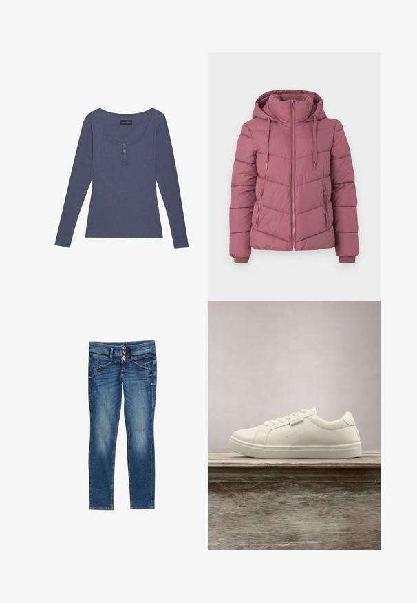 Mauve gewatteerde jas met capuchon, ritssluiting aan de voorkant, ritssluitzakken aan de zijkanten en trekkoorden, ontworpen voor koud weer.; Langslachtig, geribbeld topje in donkerblauw met een ronde halslijn en een drie-knops sluiting aan de voorkant. Zachte textuur, slim fit.; Blauwe vervaagde skinny jeans met dubbele knoopsluiting, voorzakken en subtiele distressed details op de pijpen.; Witte leren sneaker met veters die boven een houten bank zweeft, met groen lang gras dat op de achtergrond vervaagd is in de buitenlucht.