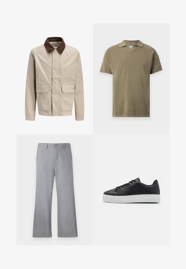 Beige jakke med brun fløjlsforkrave, frontknapper med trykknapper og to store lommer med klap ved taljen.; Kortærmet olivegrøn, struktureret polo med spredt krave og V-udskæring ved halsen, vist på en ensfarvet baggrund.; Grå brede bukser lavet af blødt stof, med knaplukning foran, bæltestropper og et enkelt design uden synlige mønstre eller accenter.; Sorte lædersneakers med rund tå, hvid gummisål og sorte snørebånd. Har en glat overflade og minimalistisk design.