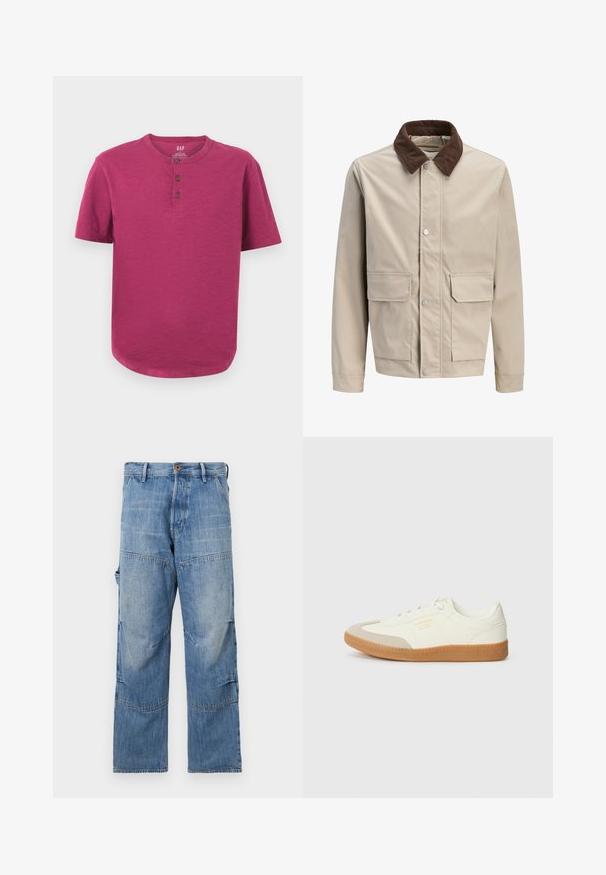 Beige Jacke mit braunem Cordkragen, vorderen Druckknöpfen und zwei großen Klappentaschen auf Taillenhöhe.; Kurzarm-Henley-Shirt in einem lebhaften Magenta-Ton. Mit Rundhalsausschnitt, Drei-Knopf-Leiste und leicht abgerundetem Saum. Weiche Textur.; Hellblaue Jeanshose mit weitem Bein, ausgebleichten Bereichen und aufgenähten Nähten. Mit einem Knopf- und Reißverschluss vorne sowie seitlichen Taschen.; Sneaker aus weißem Leder mit einer beigen Zehenkappe und leichter brauner Gummisohle. Verfügt über flache weiße Schnürsenkel und geprägtes Branding an der Seite.