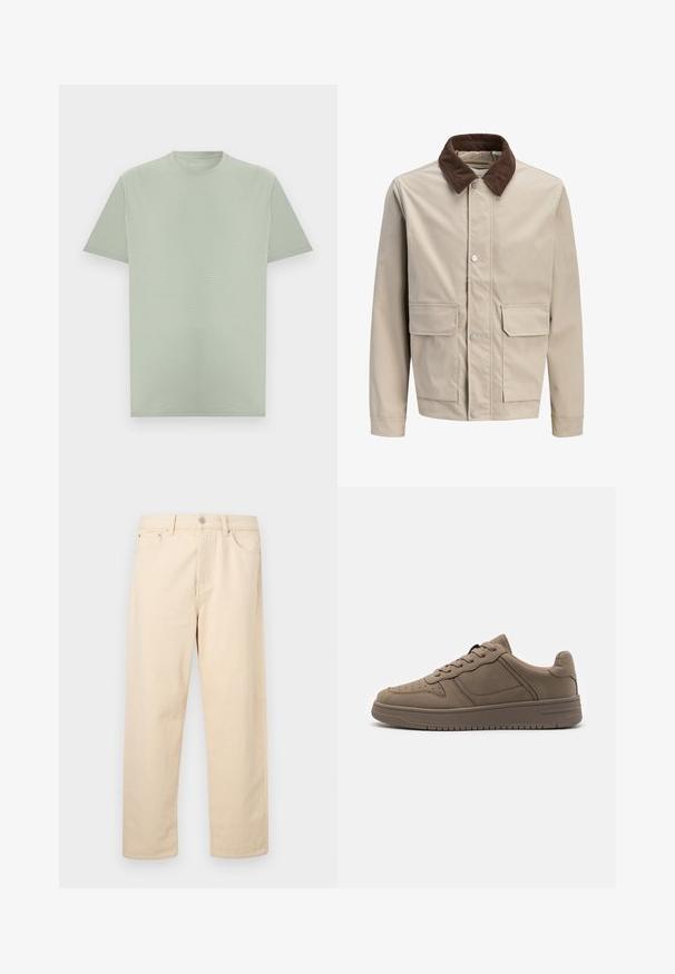 Veste beige avec col en velours côtelé marron, boutons-pression à l'avant et deux grandes poches à rabat à la taille.; T-shirt vert clair à manches courtes et col rond avec une texture subtile de rayures horizontales, présenté sur un fond neutre.; Jean beige à coupe droite avec fermeture à bouton et glissière, passants pour ceinture et poches avant sur un fond uni.; Call it Spring FRESHH - Baskets basses - other grey