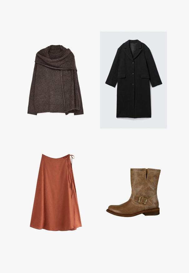Sort uldfrakke med ombukket krave, tre knapper og to forlommer, med en lige silhuet og lidt forkortede ærmer.; Brun strikket sweater med et afslappet design, der har stor, draperet krave, ribbede manchetter og kant. Blød tekstur med et let meleret udseende.; Midi nederdel i rustfarve med bindebånd i siden, lavet af letvægtsstof, der svajer let mod kanten.; Brun læder ankelstøvle med en lav hæl, dekorativ rem med en metalspænde og et udskæring design øverst. Glat tekstur.