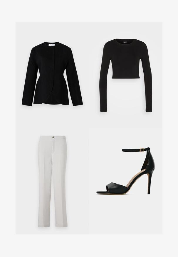 Čierne dámske sako na mieru s dlhými rukávmi, golierom bez výstrihu a jedným skrytým zapínaním vpredu.; Gina Tricot LONGSLEEVE - Top s dlhým rukávom - black; Svetlošedé nohavice rovného strihu vyrobené z hladkej tkaniny, s predným zapínaním na gombík, bočnými vreckami a prispôsobeným strihom.; Čierne sandále na vysokom podpätku s otvorenou špičkou, hladký kožený zvršok, remienok okolo členku so zlatou prackou a béžová stielka.