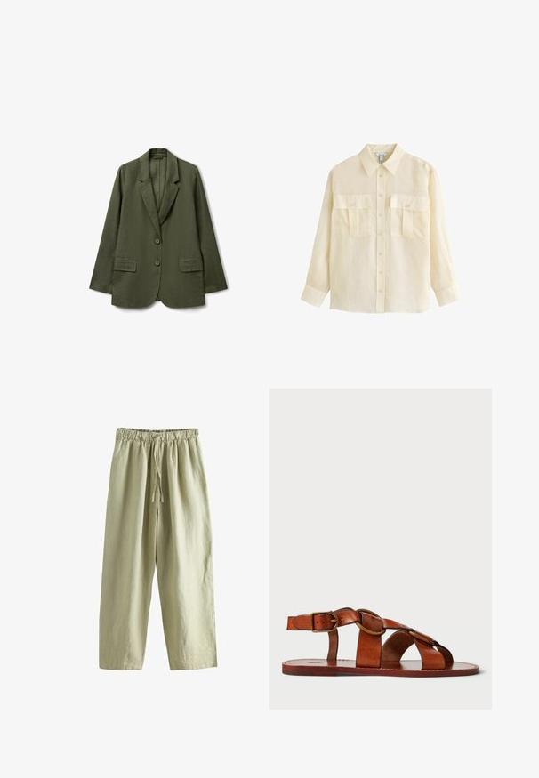 Blazer verde oliva hecho de una tela ligera, con solapas de muesca, dos botones y dos bolsillos frontales con un corte relajado.; Camisa beige de manga larga con botones, cuello y dos bolsillos frontales con solapa y botón, mostrada sobre un fondo blanco.; Pantalones de ajuste relajado en beige claro con cintura elástica y cordón, hechos de tela ligera, con piernas anchas y rectas.; Sandalia de cuero marrón con un diseño de tiras horizontales y circulares, suela plana y un acento de hebilla metálica, que muestra una textura lisa.