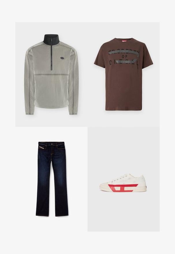 Cortavientos gris claro de manga larga con media cremallera negra, cuello alto, puños elásticos, bolsillos laterales y un pequeño logo ovalado en el pecho.; Camiseta de algodón marrón con texto gráfico negro "PROPERTY OF D" y un acento gris texturizado en el pecho. Manga corta, ajuste relajado.; Jeans de mezclilla de color azul oscuro con corte recto, con costuras naranjas, cremallera en la bragueta y bolsillos delanteros. Textura suave y cinturilla estándar.; Zapatilla de lona con parte superior blanca, acentos de goma roja y un diseño texturizado. Presenta una puntera redonda y cinco ojetes para los cordones.
