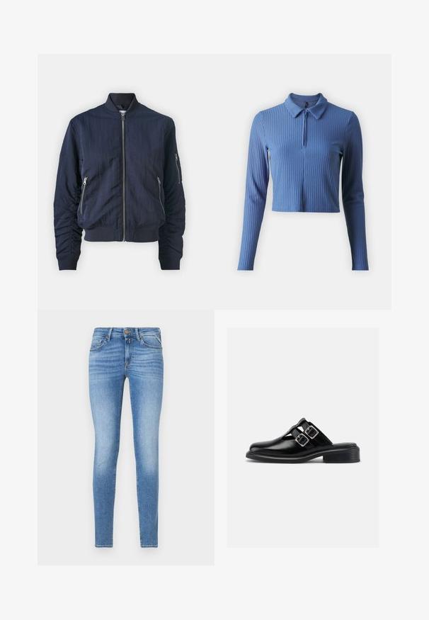 Samsøe Samsøe Bombera - outer space; ONLY ONLNELLA HALF ZIP - Top s dlhým rukávom - coronet blue; Úzke modré denimové džínsy s mierne zvýšeným pásom, predným gombíkom a dizajnom s piatimi vreckami.; Čierna kožená nazúvacia obuv so striebornými dvoma prackami, otvorenými bokmi, okrúhlou špičkou a nízkym viazaným opätkom, zobrazená z profilu na bielom pozadí.