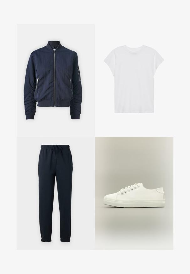 Samsøe Samsøe Chaquetas bomber - outer space; Camiseta blanca de manga corta con cuello redondo, corte relajado, hecha de suave tela de algodón. Textura lisa, sin estampados ni logotipos.; Pantalones deportivos negros con cintura elástica, cordón, bolsillos laterales y puños elásticos en los tobillos.; Zapatilla blanca baja con cordones blancos y suela de goma mostrada desde vista lateral sobre un fondo neutro.
