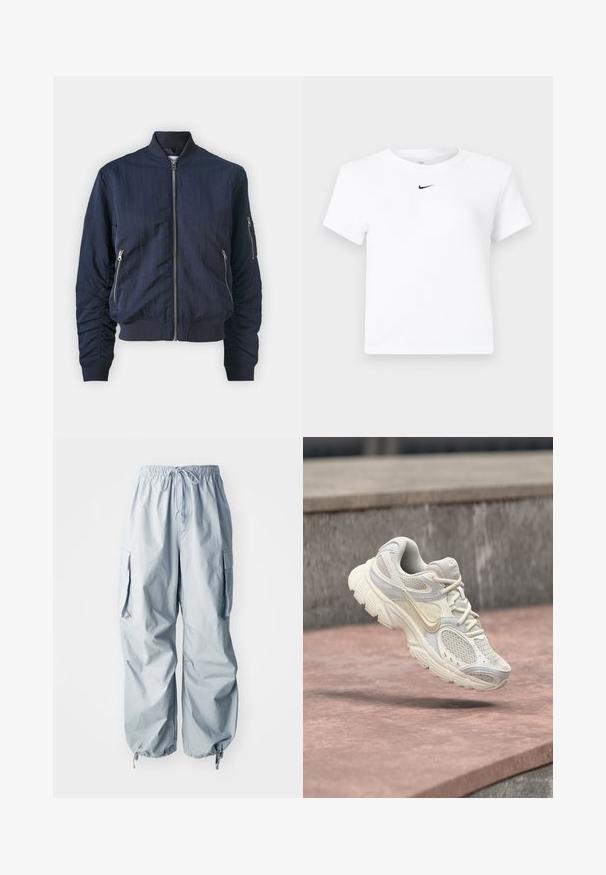 Samsøe Samsøe Bomberjacks - outer space; Witte Nike cropped T-shirt met korte mouwen en een kleine zwarte Nike swoosh-logo, gecentreerd onder de halslijn.; Lichtblauwe cargobroek met een elastische tailleband, trekkoord, twee zijzakken en taps toelopende boorden met verstelbare toggles.; Witte en beige Nike hardloopschoen met meshpanelen en dikke zool, zwevend boven een roze stenen oppervlak en een grijze stenen achtergrond.