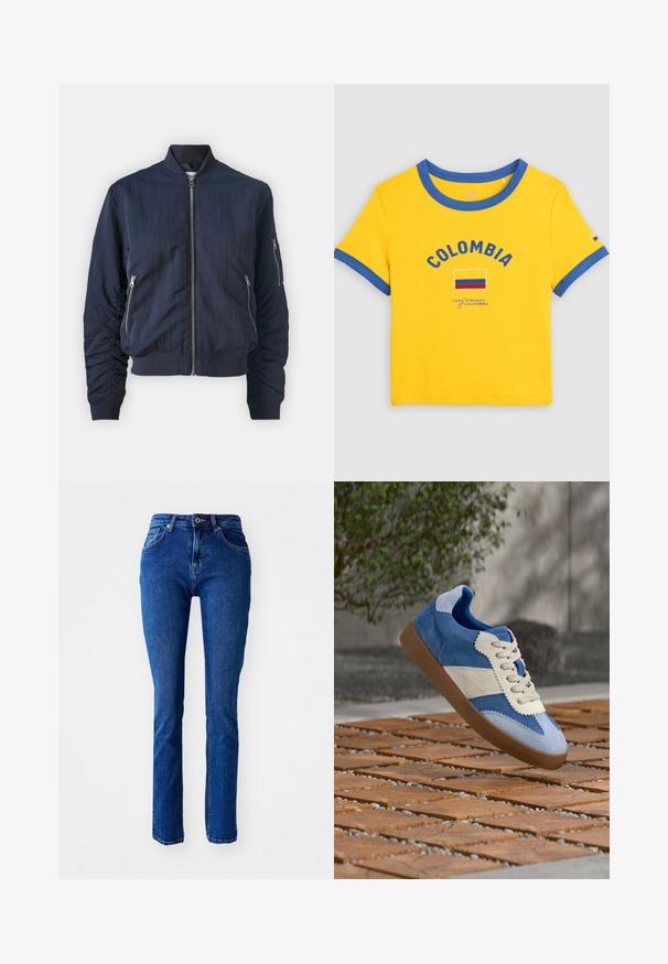 Samsøe Samsøe Chaquetas bomber - outer space; Camiseta amarilla de manga corta con ribete azul, texto "COLOMBIA", gráfico de la bandera colombiana y marca Levi Strauss of California en la parte delantera.; Jeans de mezclilla azul con un corte ajustado, cintura alta, piernas rectas y detalles cosidos. Cuenta con un cierre de botón y cremallera. Sin adornos adicionales.; Zapatilla deportiva de ante azul y blanco con suela marrón suspendida en el aire sobre un suelo de baldosas de madera al aire libre cerca de una pared y un arbusto verde.