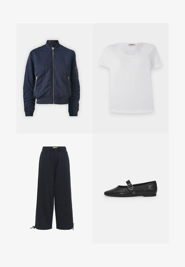 Samsøe Samsøe Blouson Bomber - outer space; T-shirt blanc à manches courtes en tissu doux, avec un col rond et un ourlet droit sans motifs ni accents visibles.; Pantalons larges noirs en tissu doux, avec une taille élastiquée et des liens réglables aux chevilles pour un ajustement personnalisable.; Chaussure plate en cuir noir avec un bout arrondi, une seule sangle réglable à boucle et une texture lisse et brillante. Design minimaliste avec un petit talon.